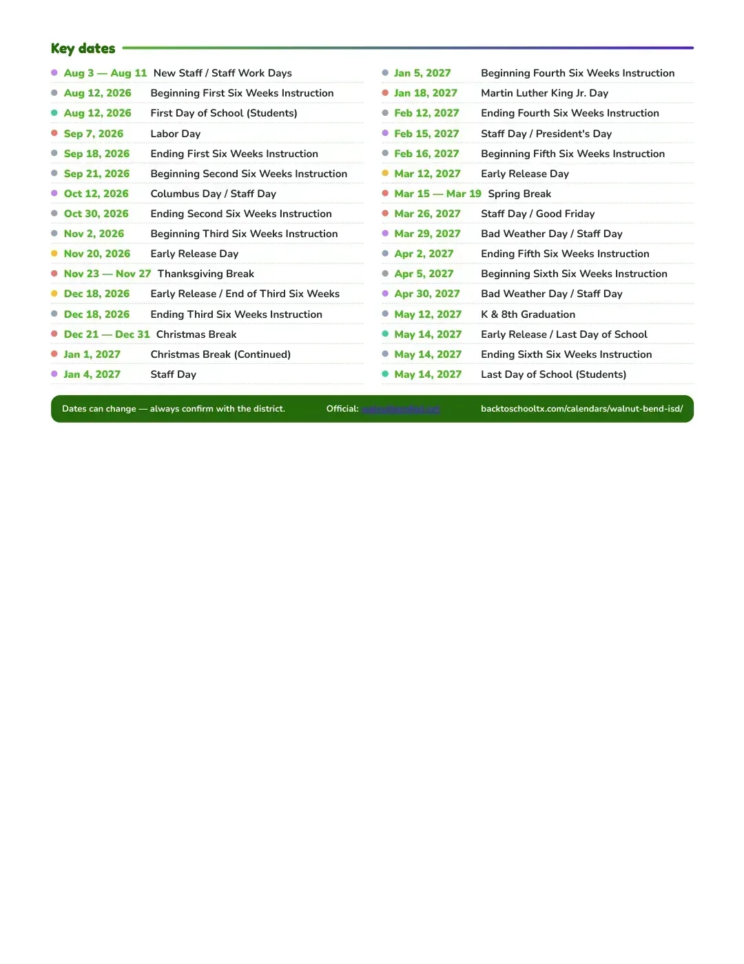 Walnut Bend ISD Calendar for the Year 26-27 — key dates