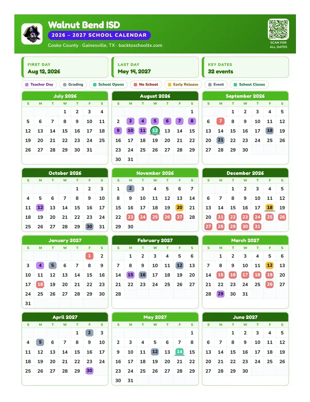 Walnut Bend ISD Calendar for the Year 26-27