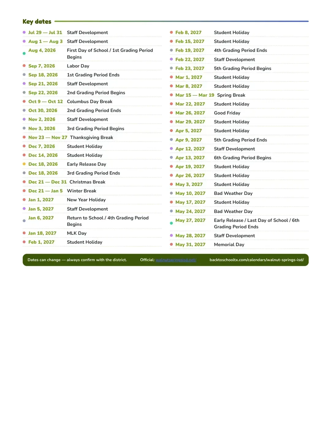 Walnut Springs ISD Calendar for the Year 26-27 — key dates