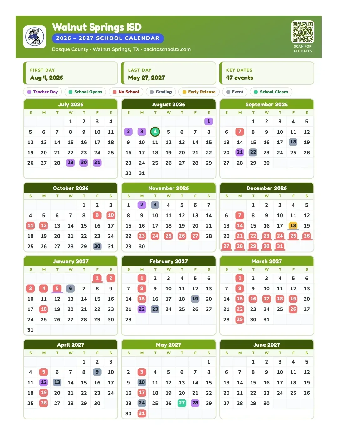 Walnut Springs ISD Calendar for the Year 26-27