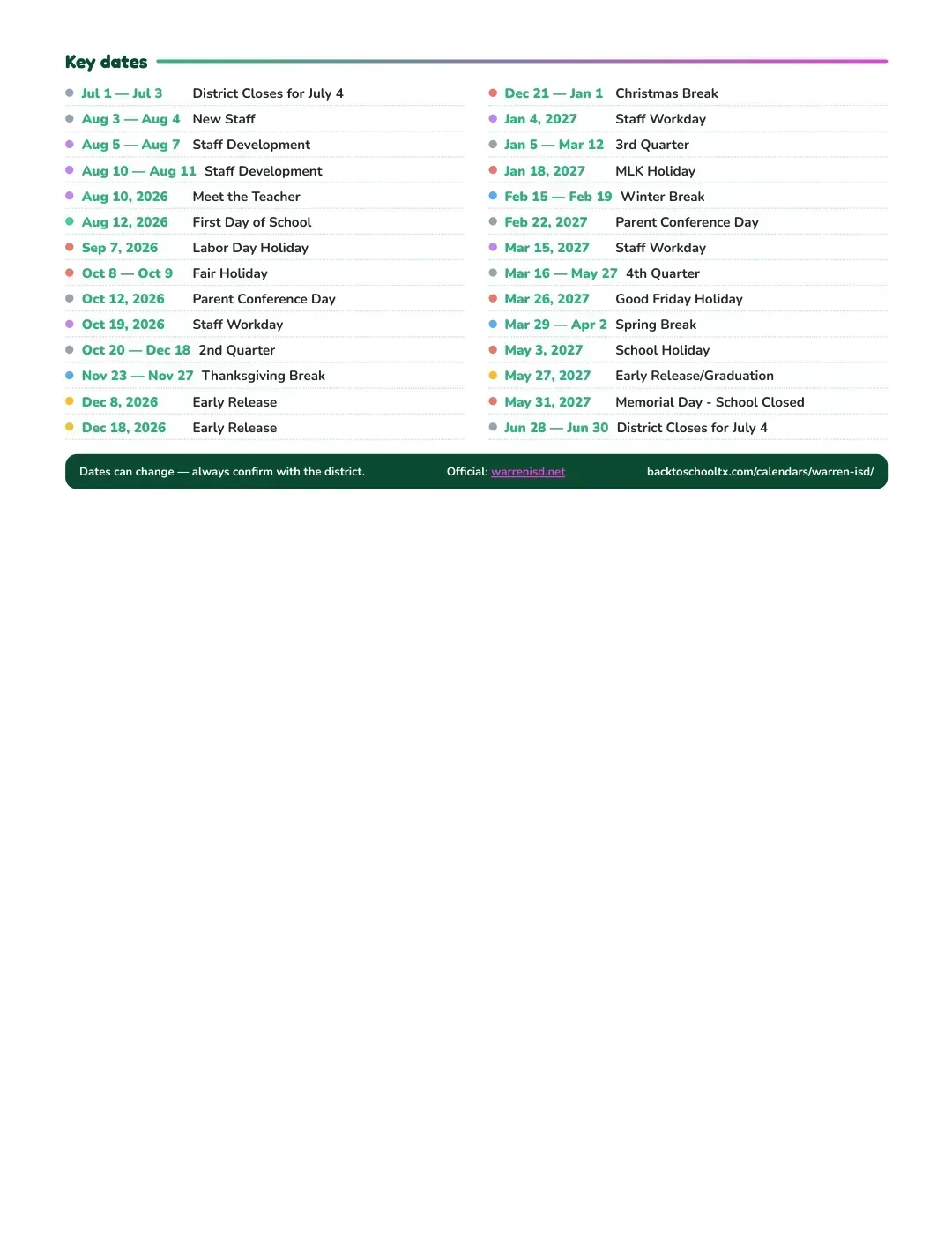 Warren ISD Calendar for the Year 26-27 — key dates