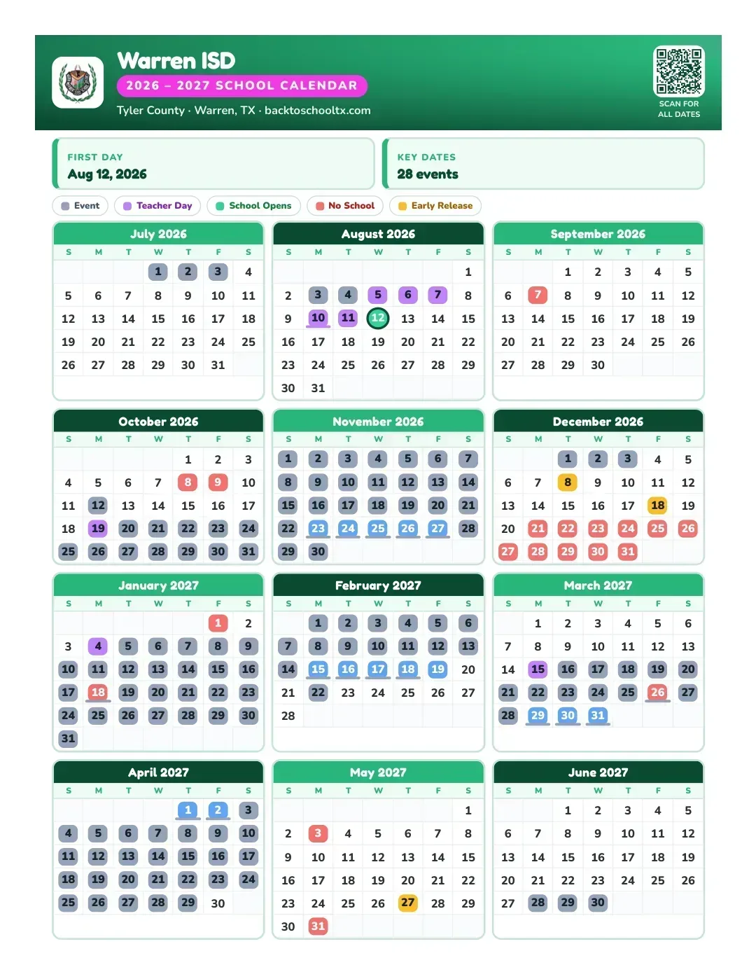 Warren ISD Calendar for the Year 26-27