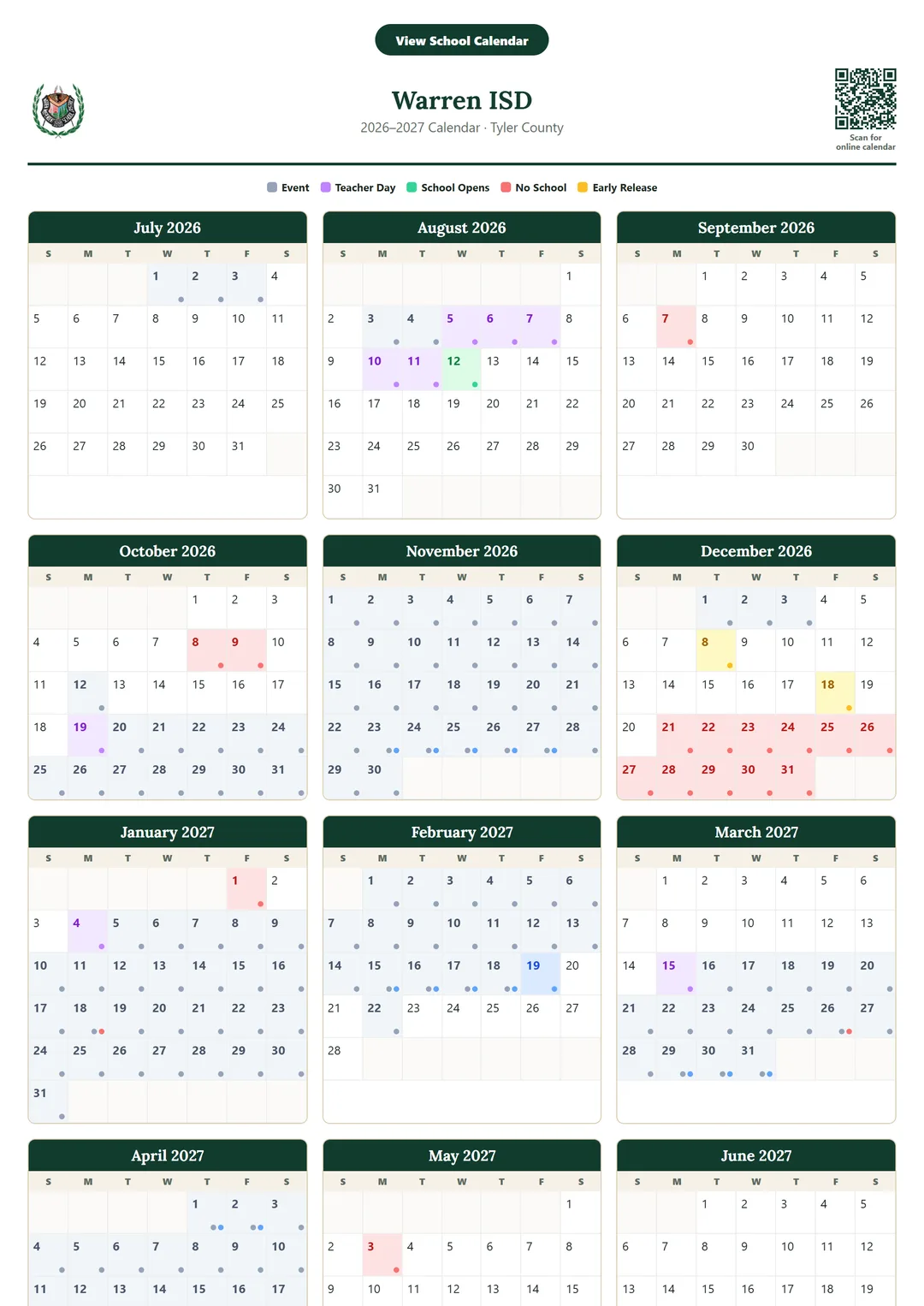 Warren ISD printable 2026–2027 calendar
