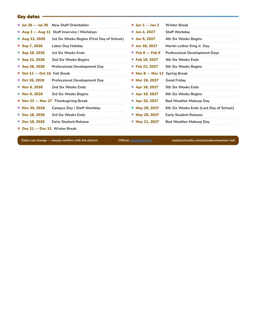 Waskom ISD Calendar for the Year 26-27 — key dates