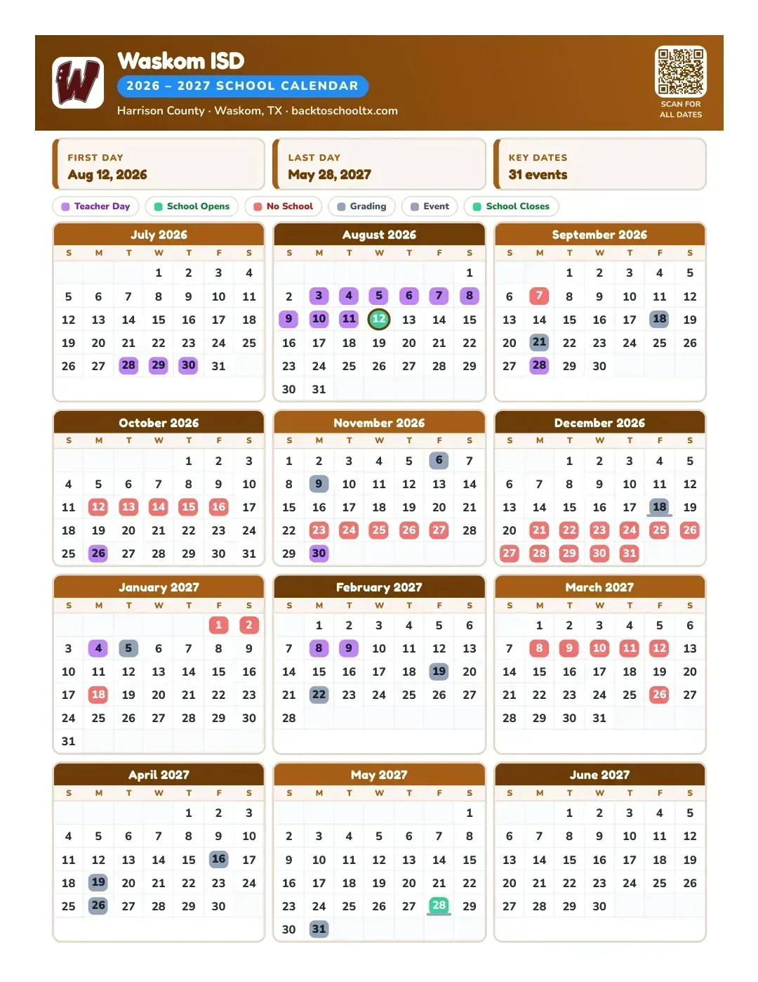 Waskom ISD Calendar for the Year 26-27
