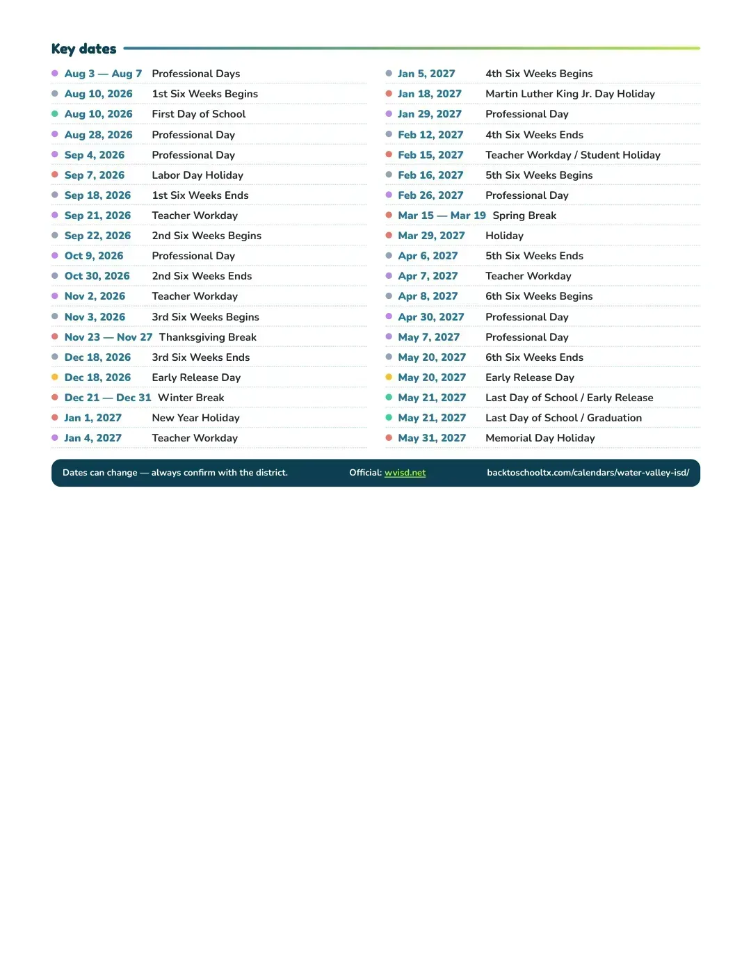 Water Valley ISD Calendar for the Year 26-27 — key dates