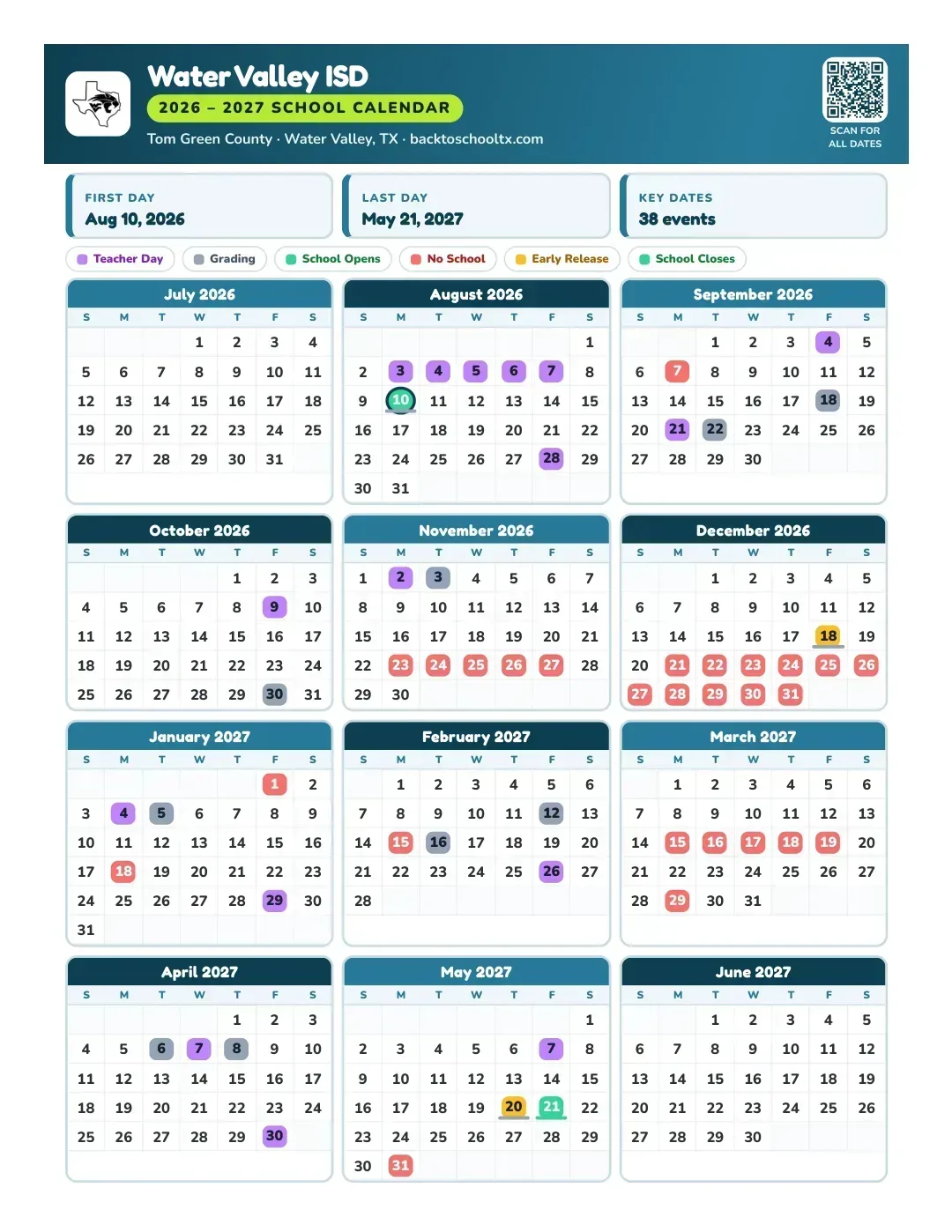 Water Valley ISD Calendar for the Year 26-27