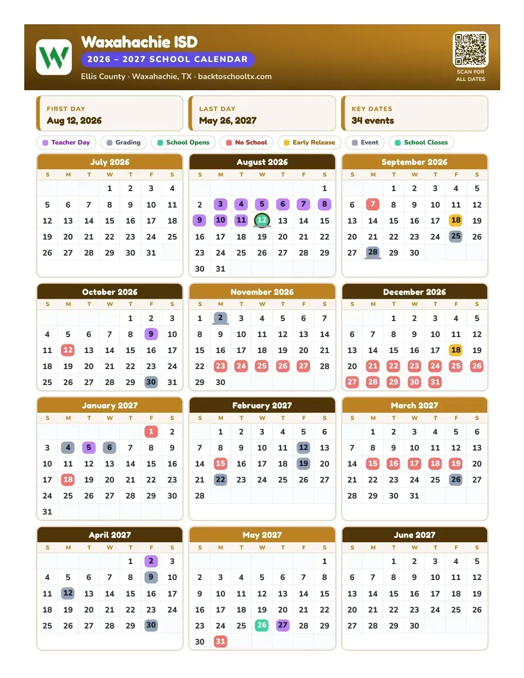 Waxahachie ISD Calendar for the Year 26-27