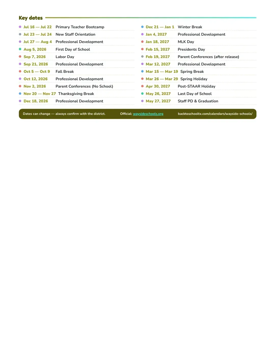 Wayside Schools Calendar for the Year 26-27 — key dates