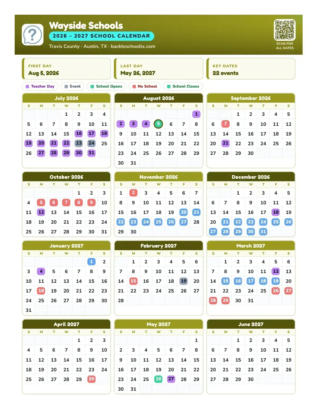 Wayside Schools Calendar for the Year 26-27