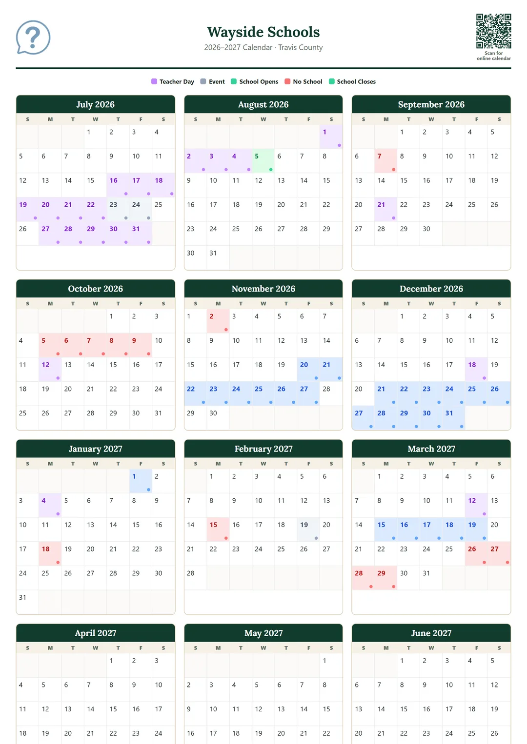 Wayside Schools printable 2026–2027 calendar