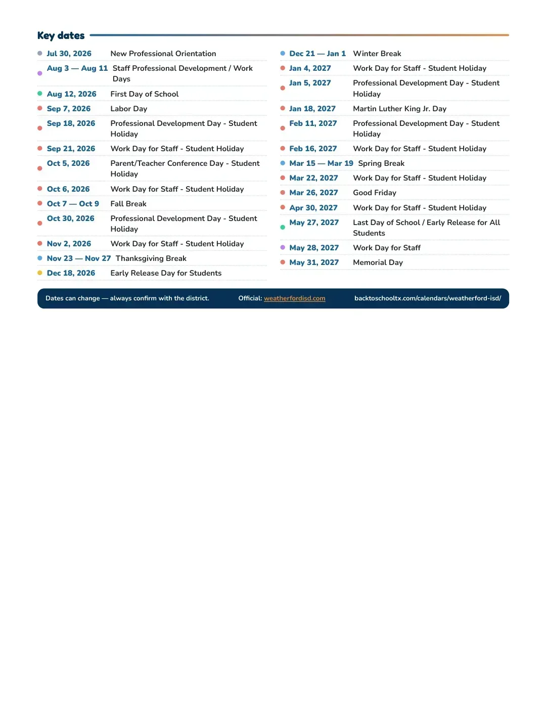 Weatherford ISD Calendar for the Year 26-27 — key dates
