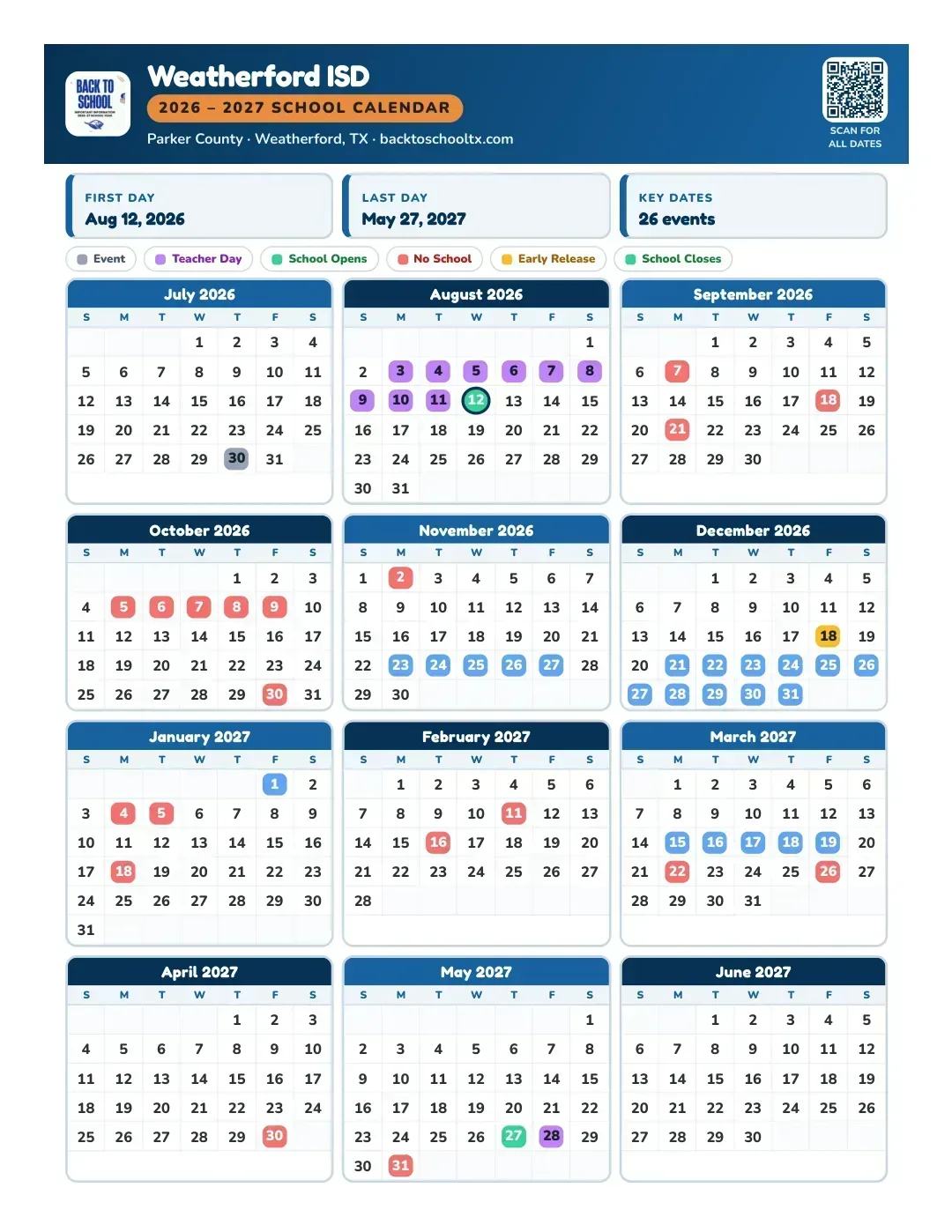 Weatherford ISD Calendar for the Year 26-27