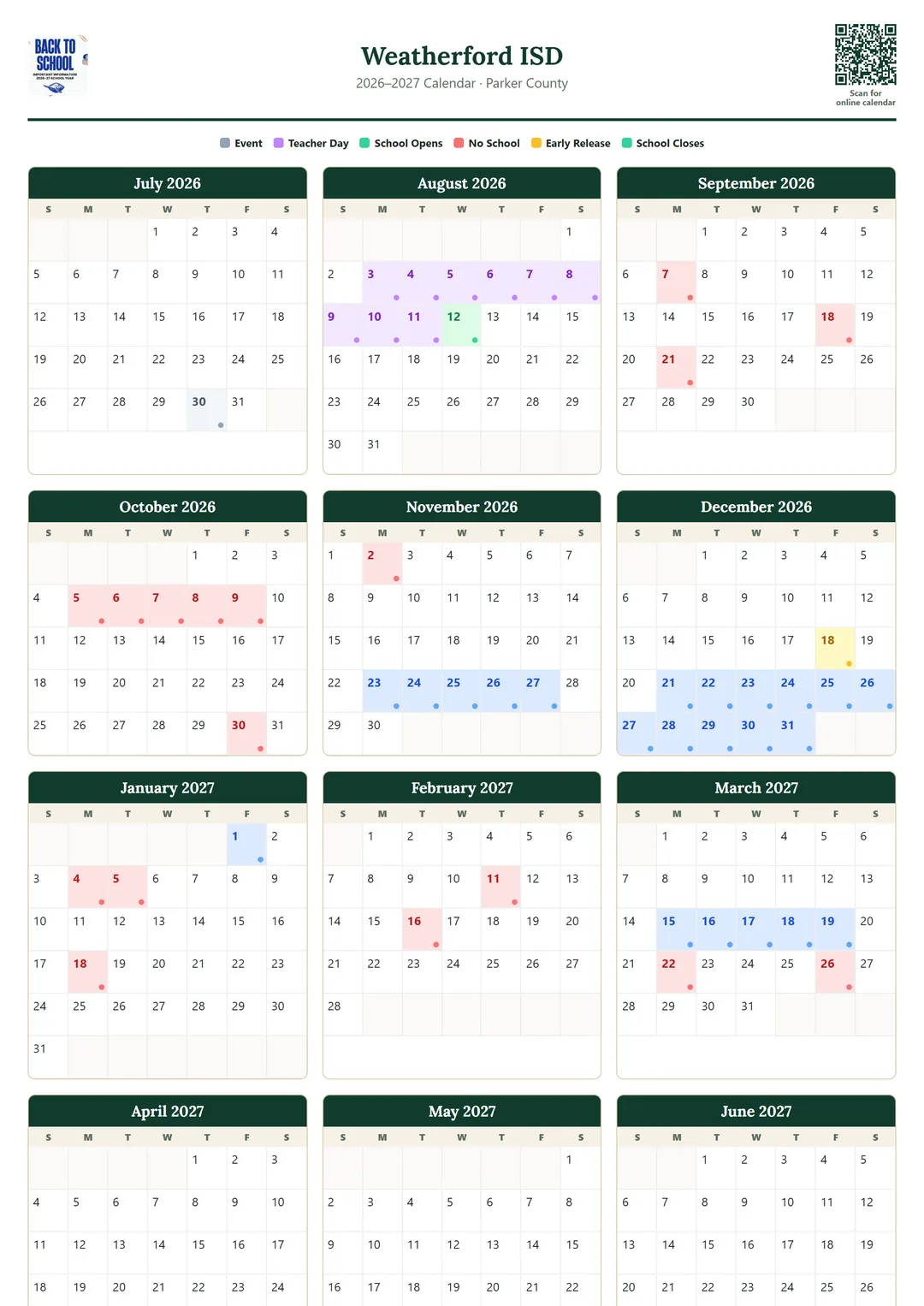 Weatherford ISD printable 2026–2027 calendar