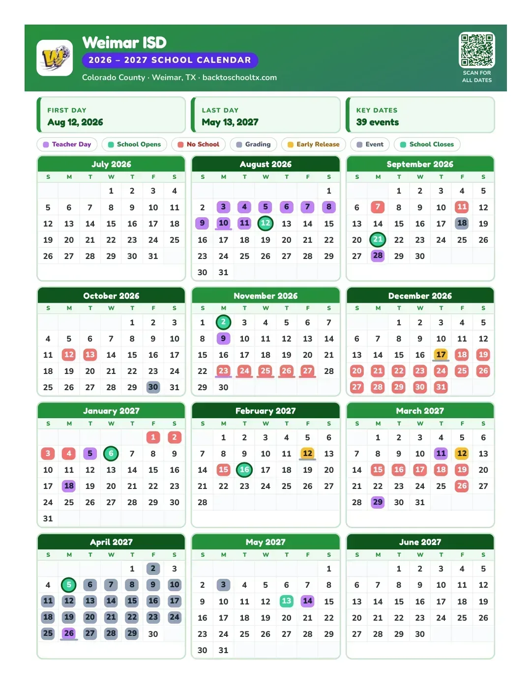 Weimar ISD Calendar for the Year 26-27