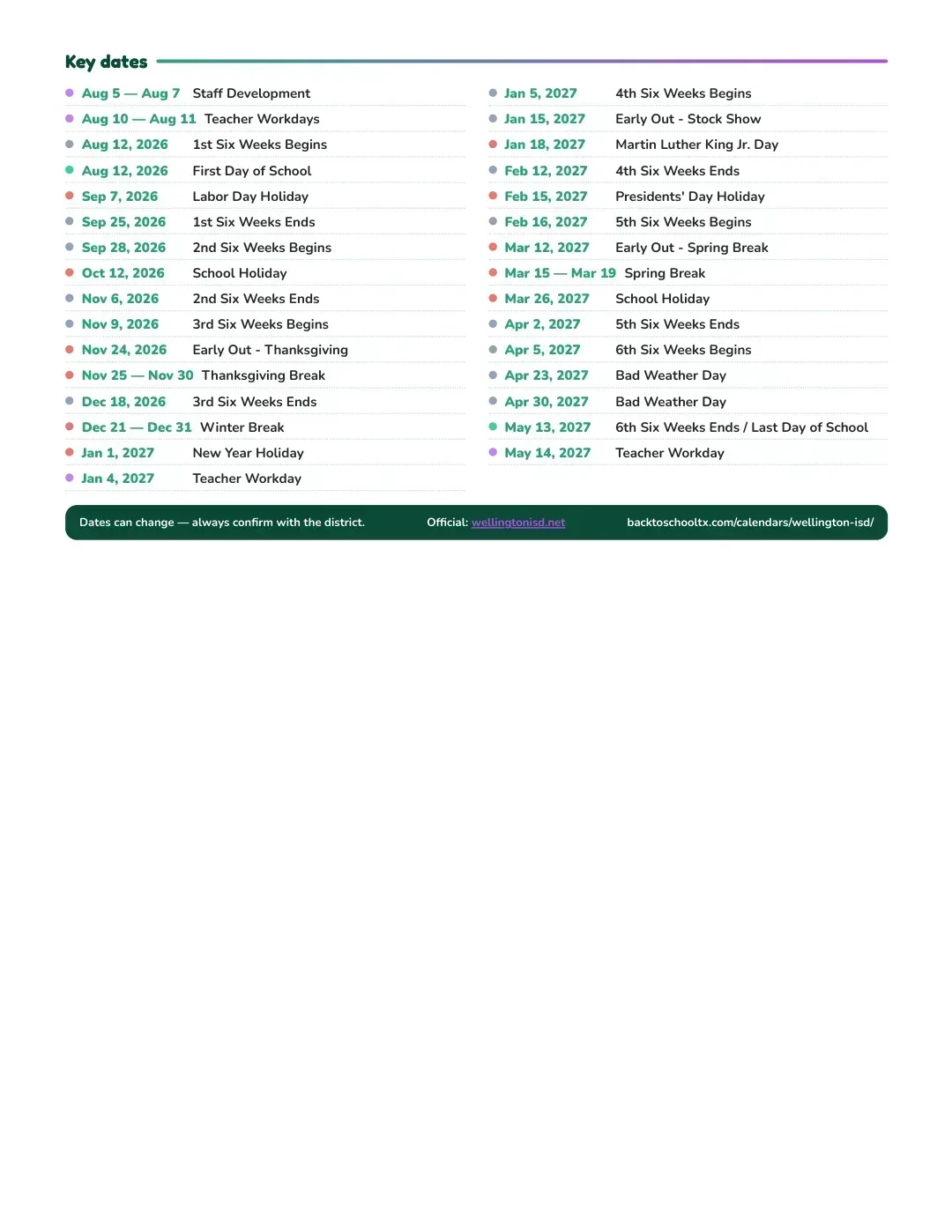 Wellington ISD Calendar for the Year 26-27 — key dates