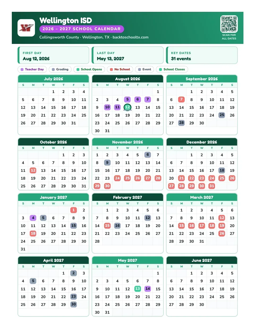 Wellington ISD Calendar for the Year 26-27
