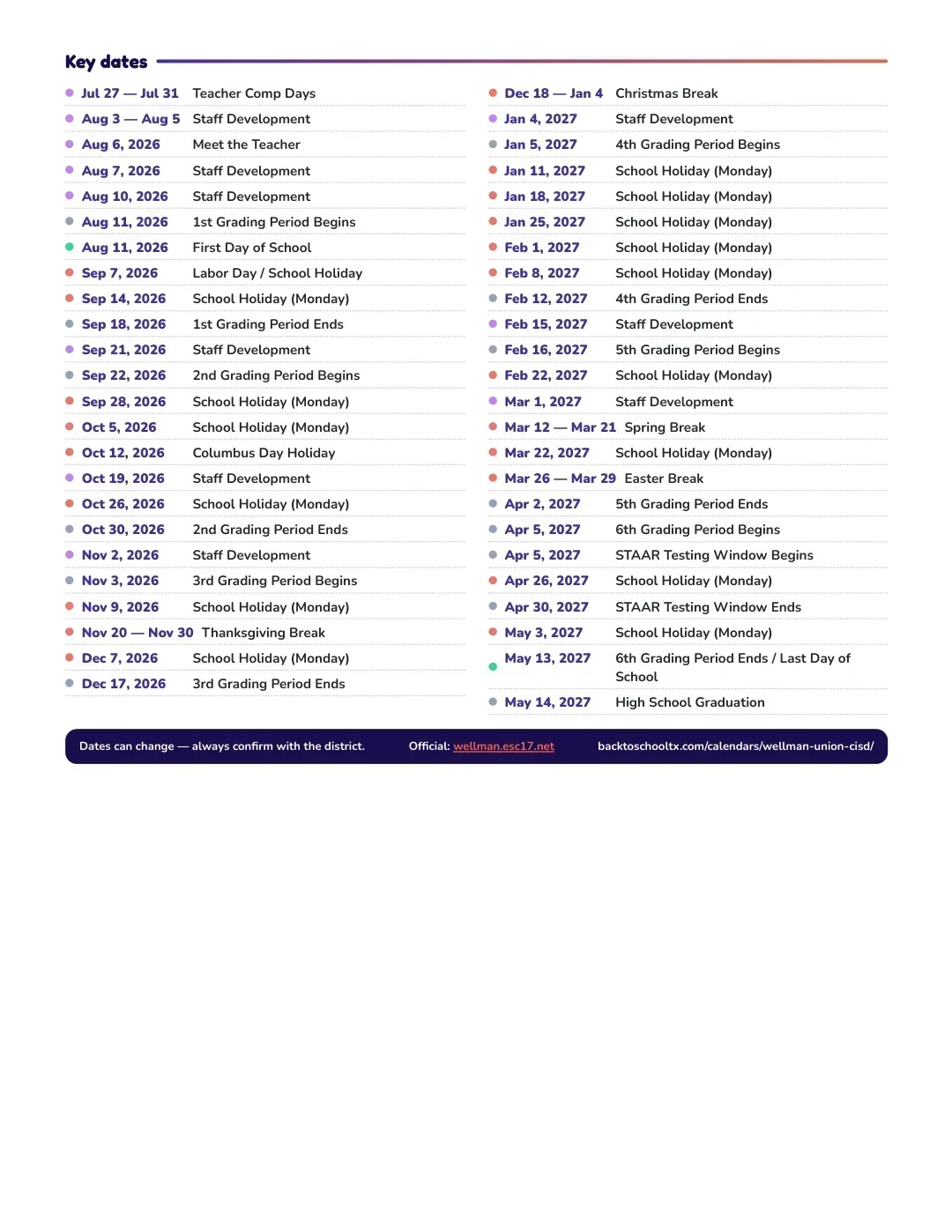 Wellman-union CISD Calendar for the Year 26-27 — key dates