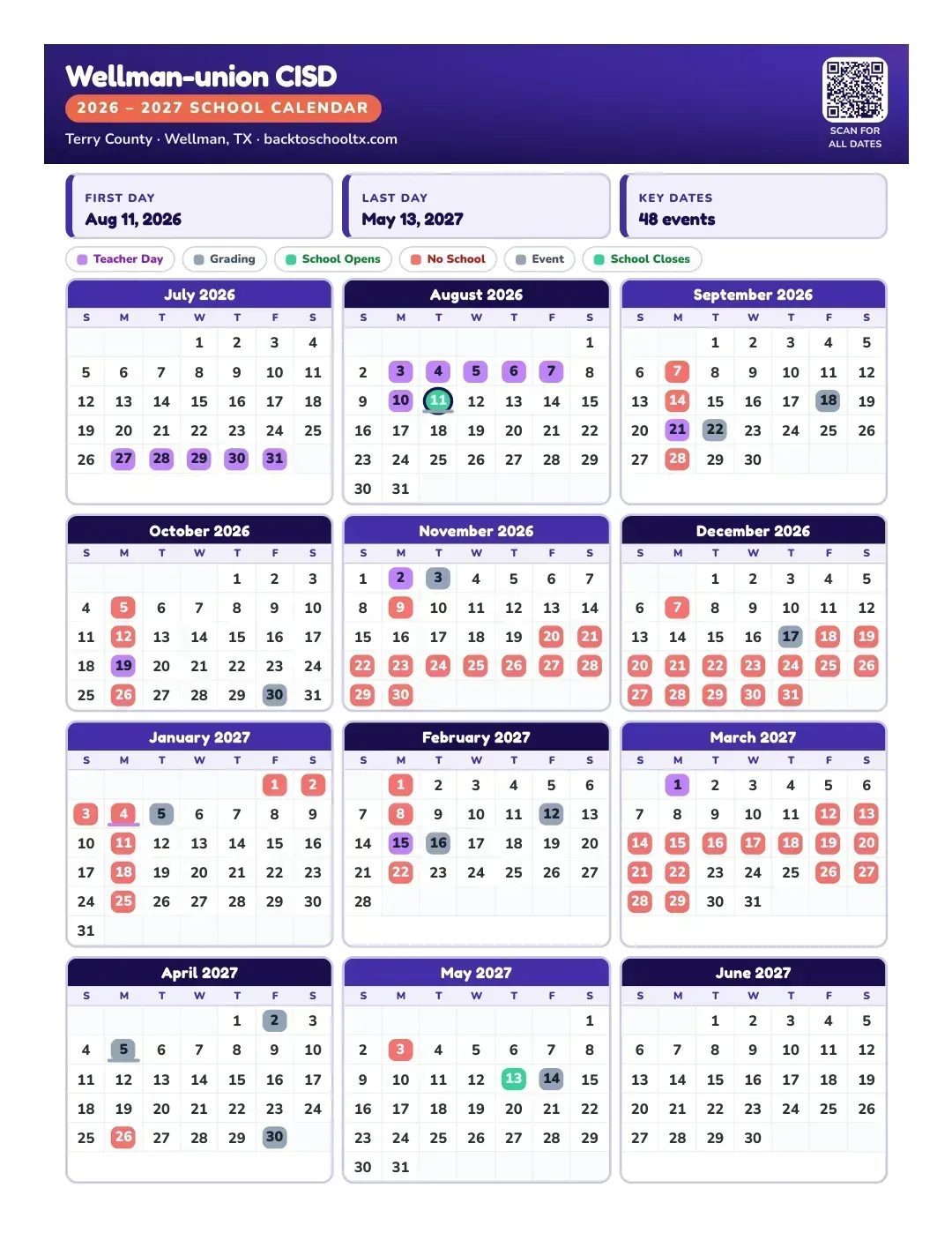 Wellman-union CISD Calendar for the Year 26-27