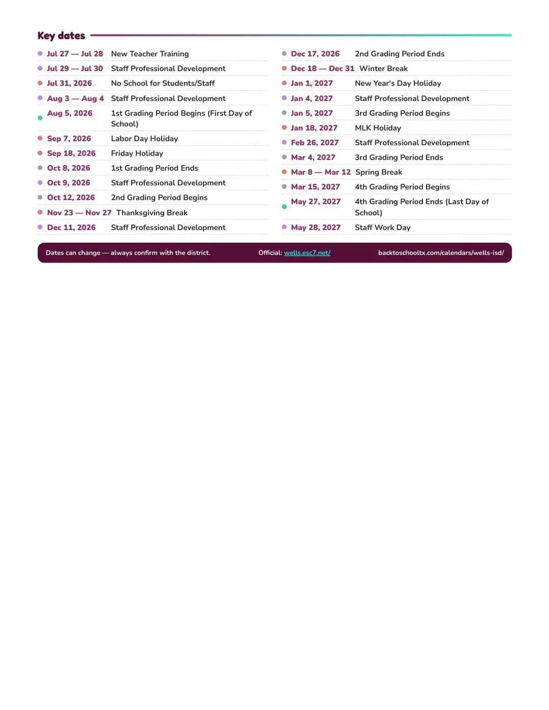 Wells ISD Calendar for the Year 26-27 — key dates