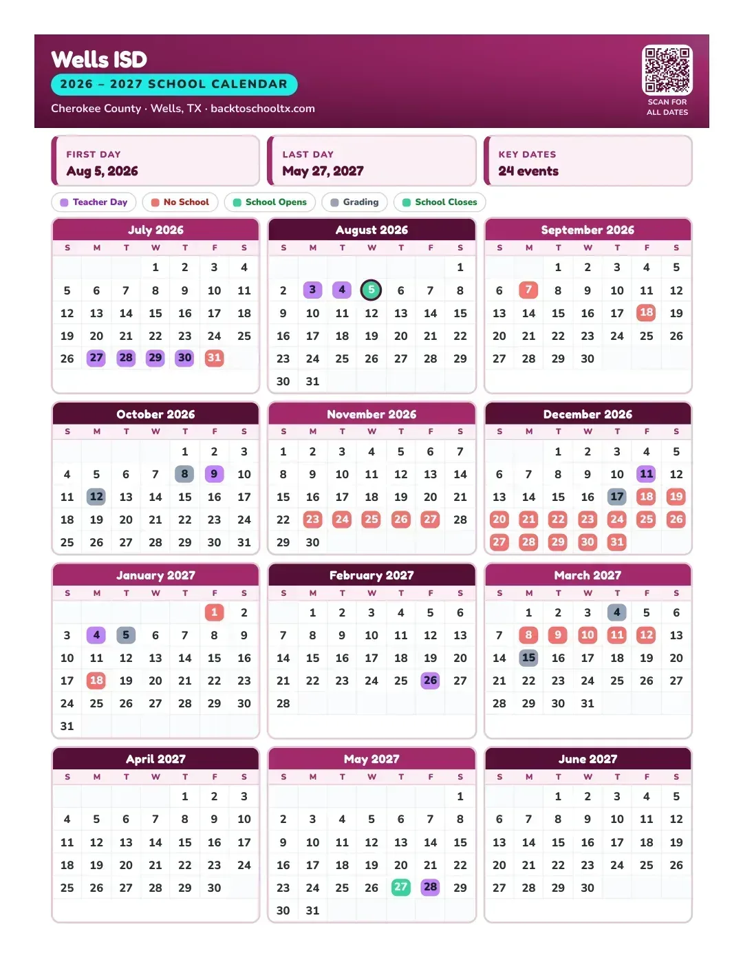 Wells ISD Calendar for the Year 26-27