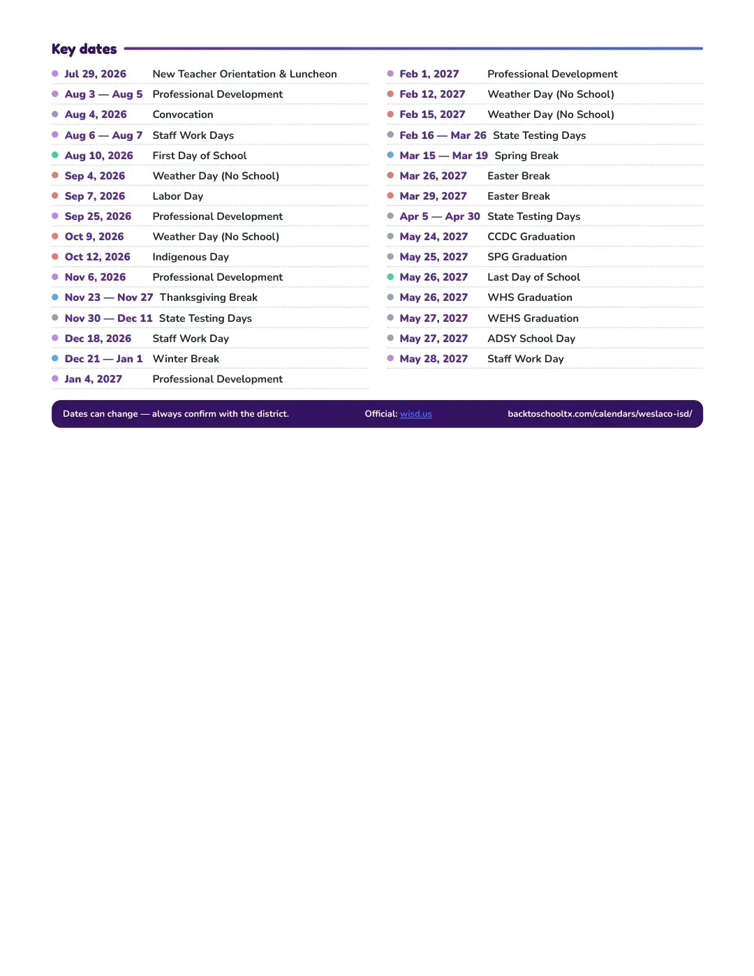Weslaco ISD Calendar for the Year 26-27 — key dates