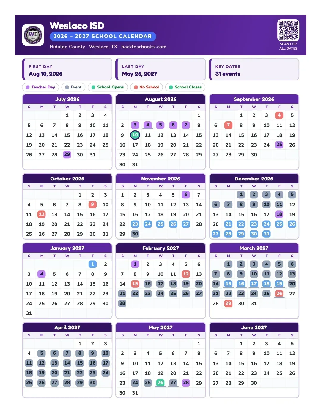 Weslaco ISD Calendar for the Year 26-27