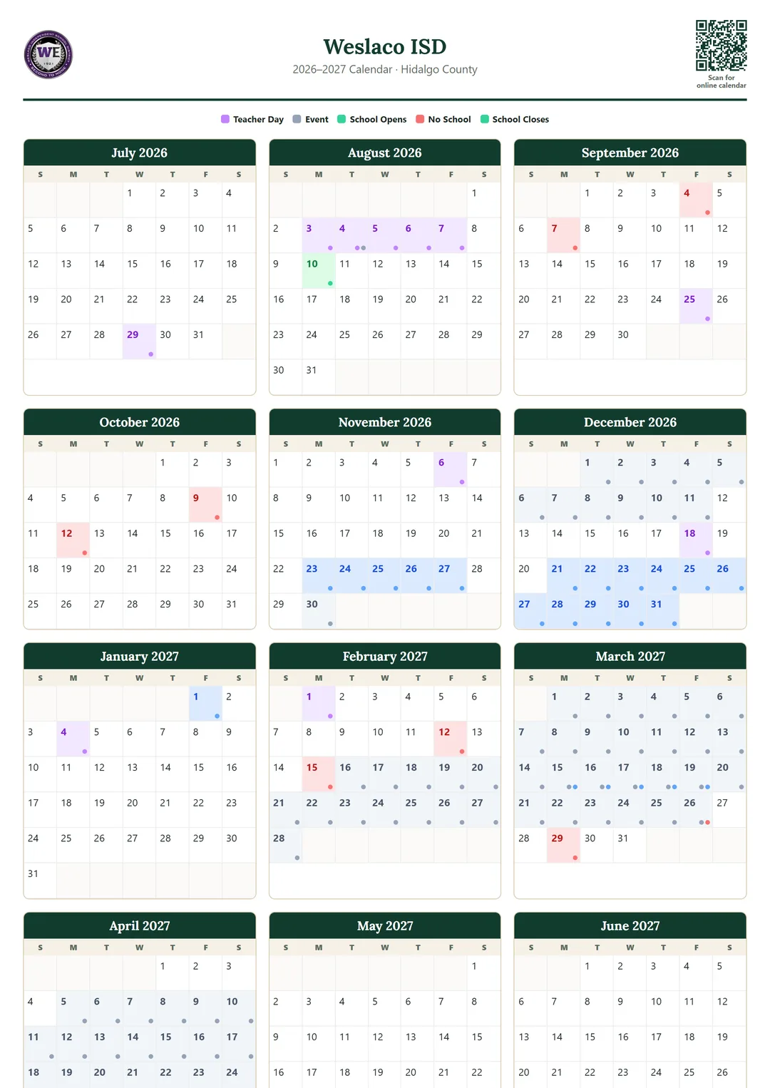 Weslaco ISD printable 2026–2027 calendar