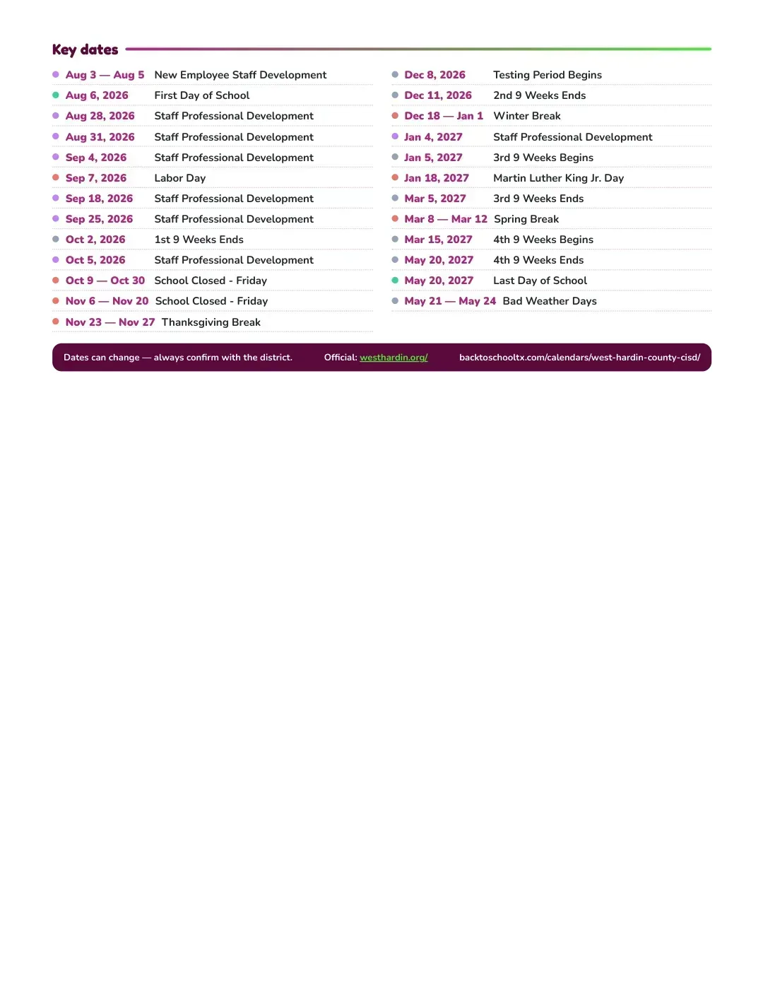 West Hardin County CISD Calendar for the Year 26-27 — key dates