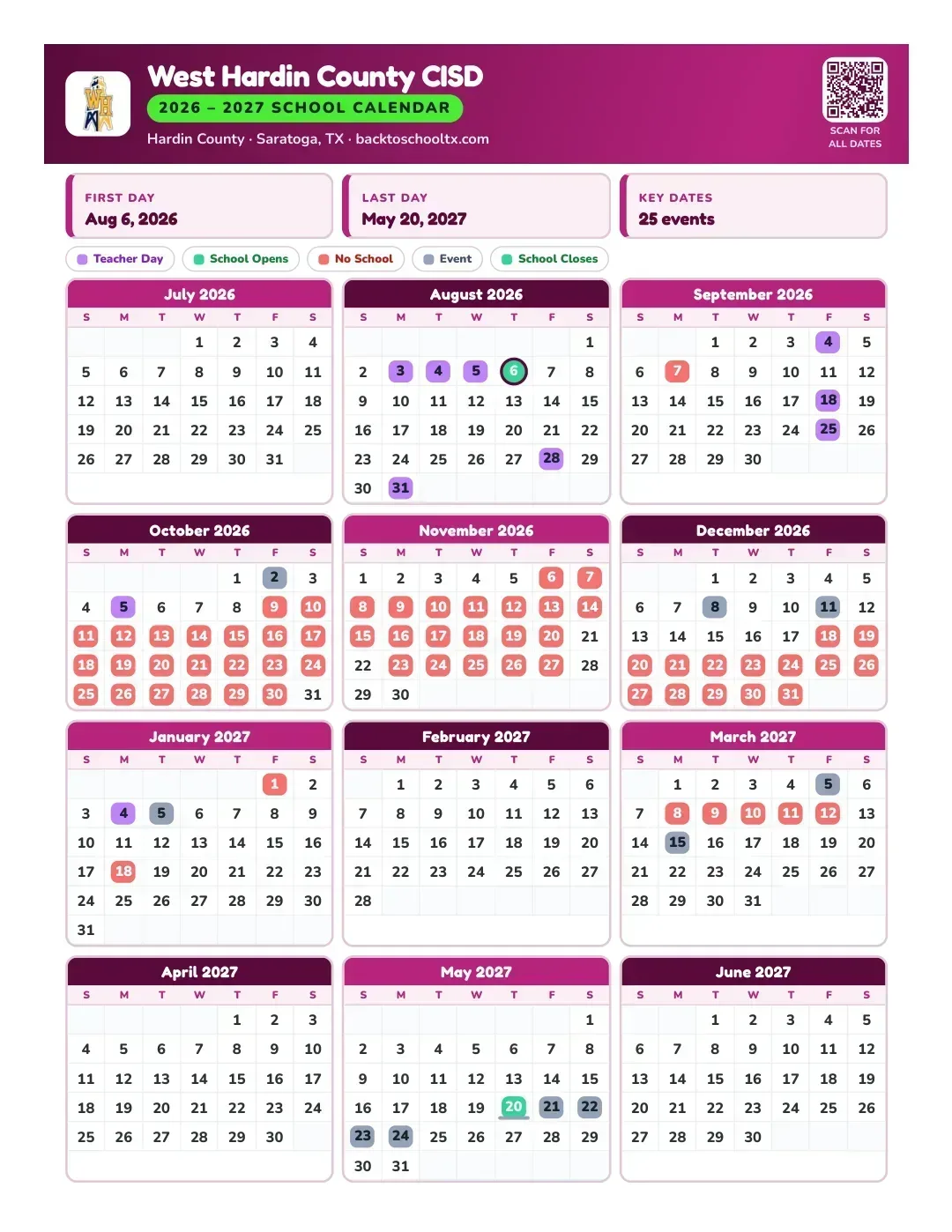West Hardin County CISD Calendar for the Year 26-27