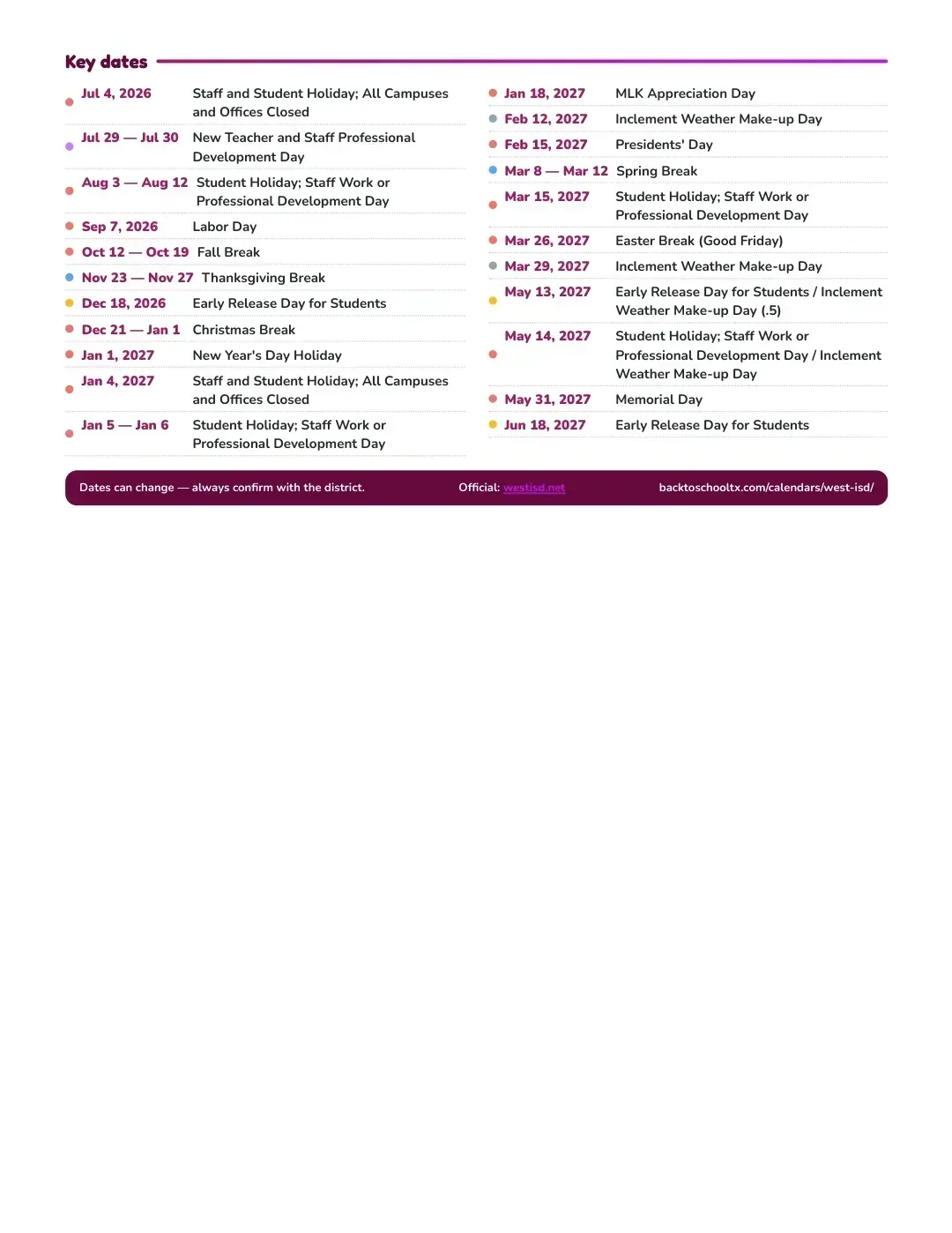 West ISD Calendar for the Year 26-27 — key dates