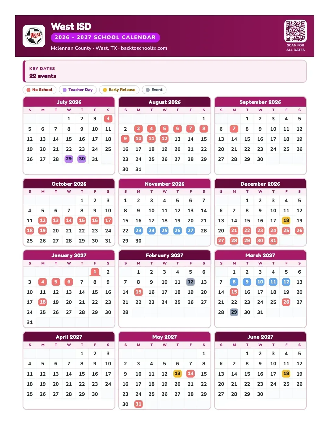 West ISD Calendar for the Year 26-27