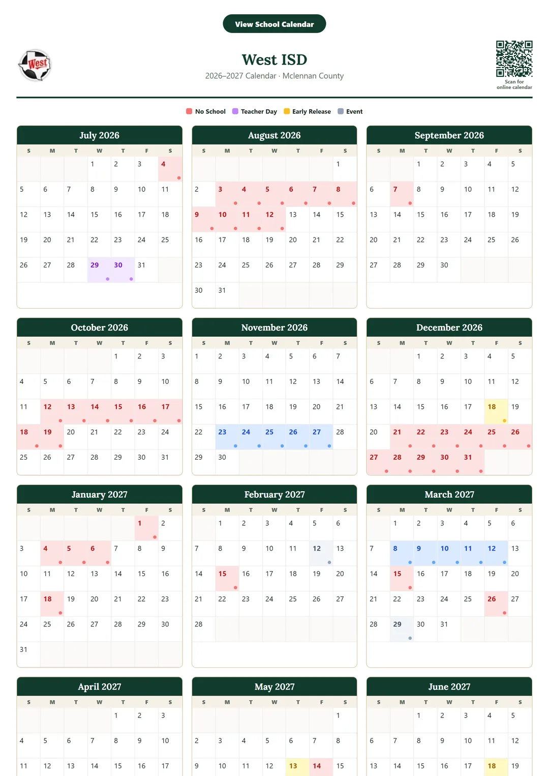 West ISD printable 2026–2027 calendar