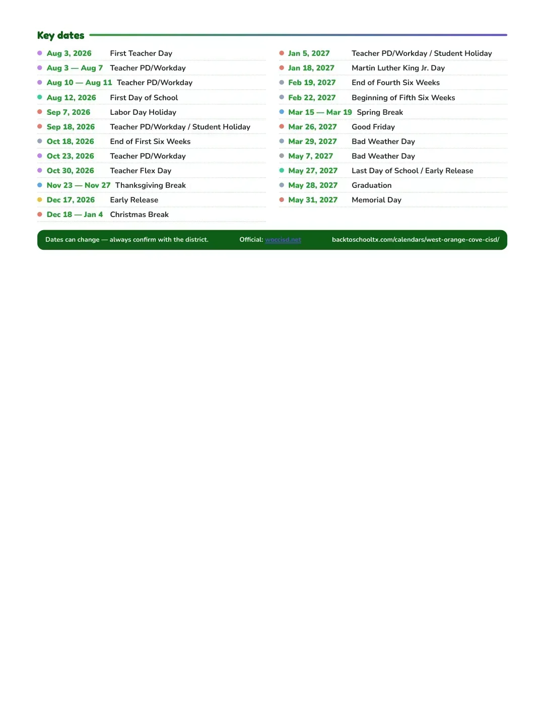 West Orange-cove CISD Calendar for the Year 26-27 — key dates