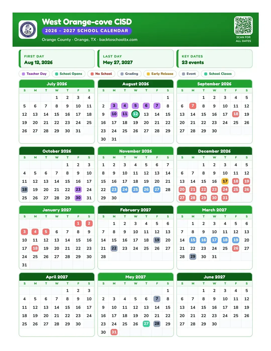 West Orange-cove CISD Calendar for the Year 26-27