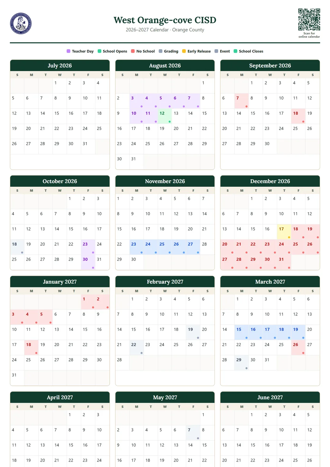 West Orange-cove CISD printable 2026–2027 calendar