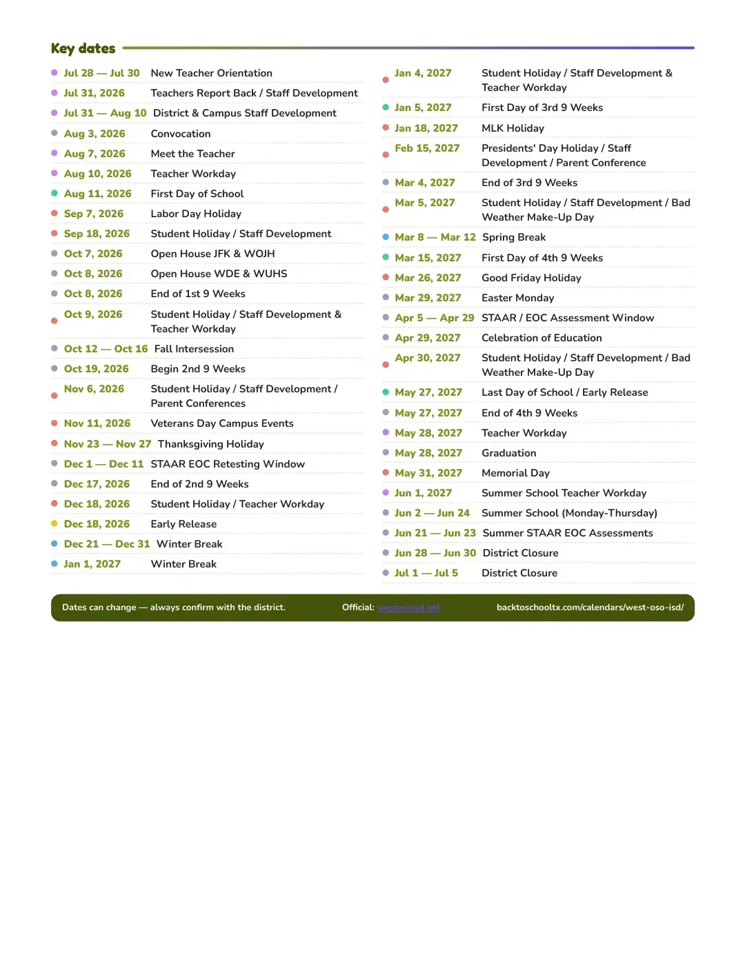 West Oso ISD Calendar for the Year 26-27 — key dates