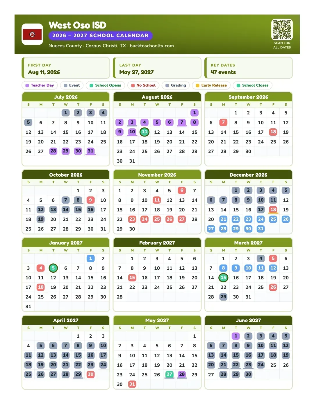 West Oso ISD Calendar for the Year 26-27