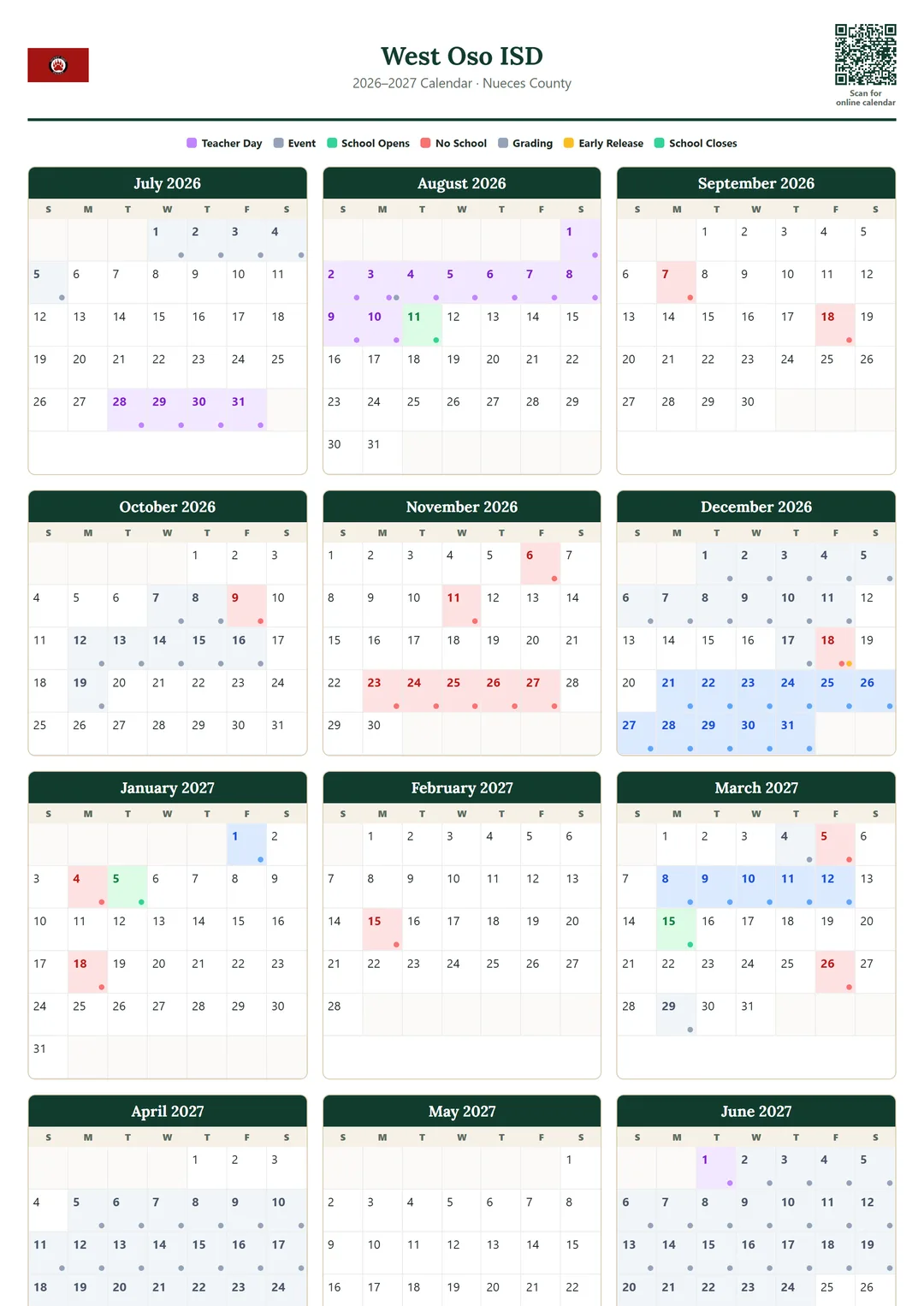 West Oso ISD printable 2026–2027 calendar