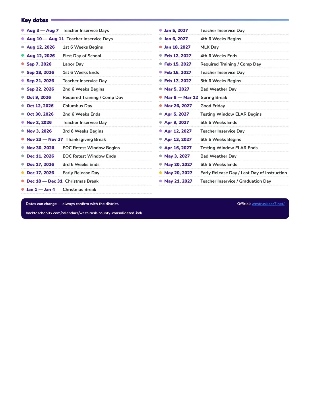 West Rusk County Consolidated ISD Calendar for the Year 26-27 — key dates