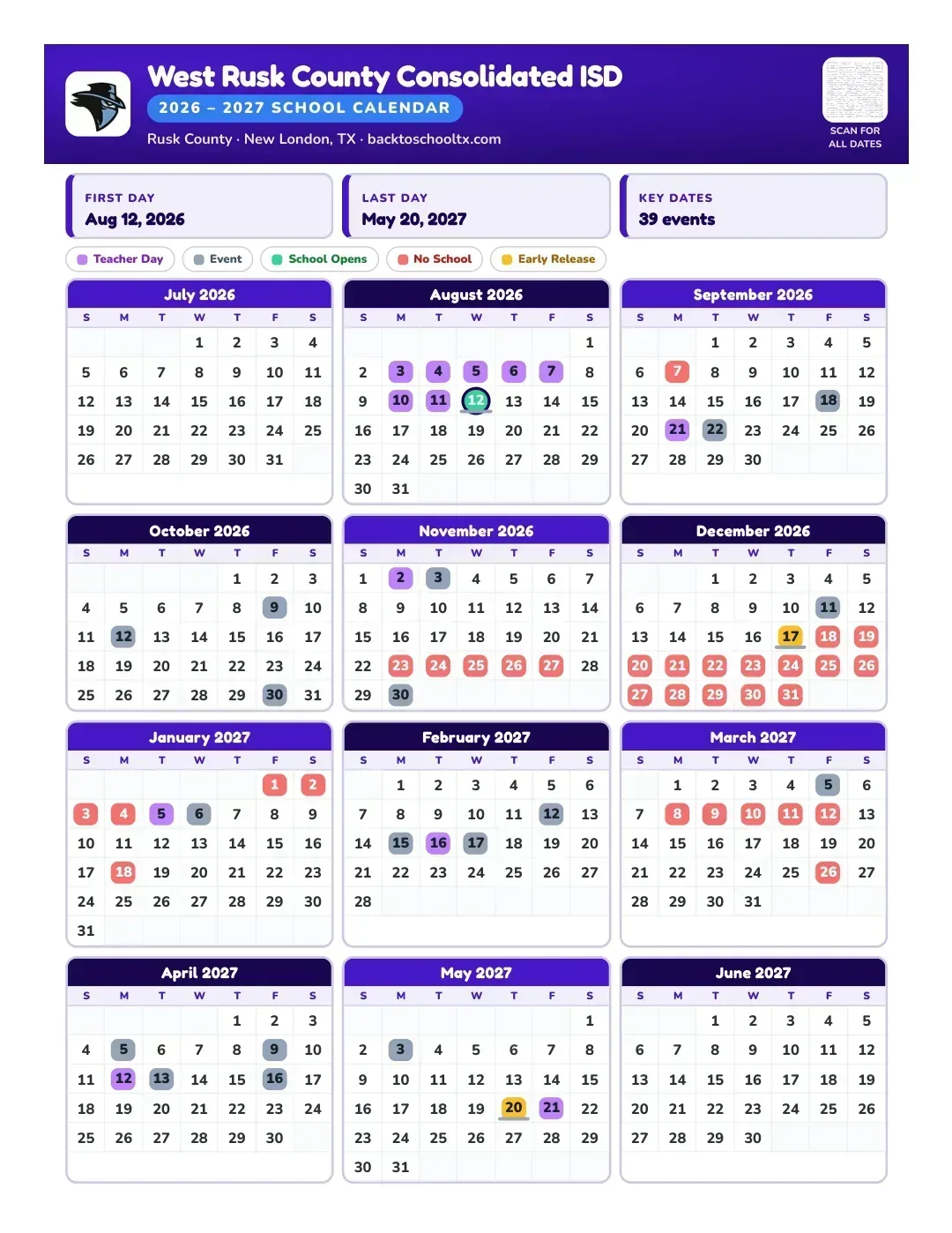 West Rusk County Consolidated ISD Calendar for the Year 26-27