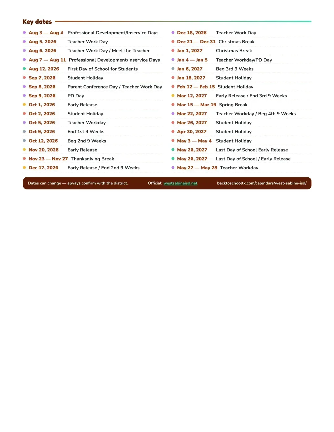 West Sabine ISD Calendar for the Year 26-27 — key dates