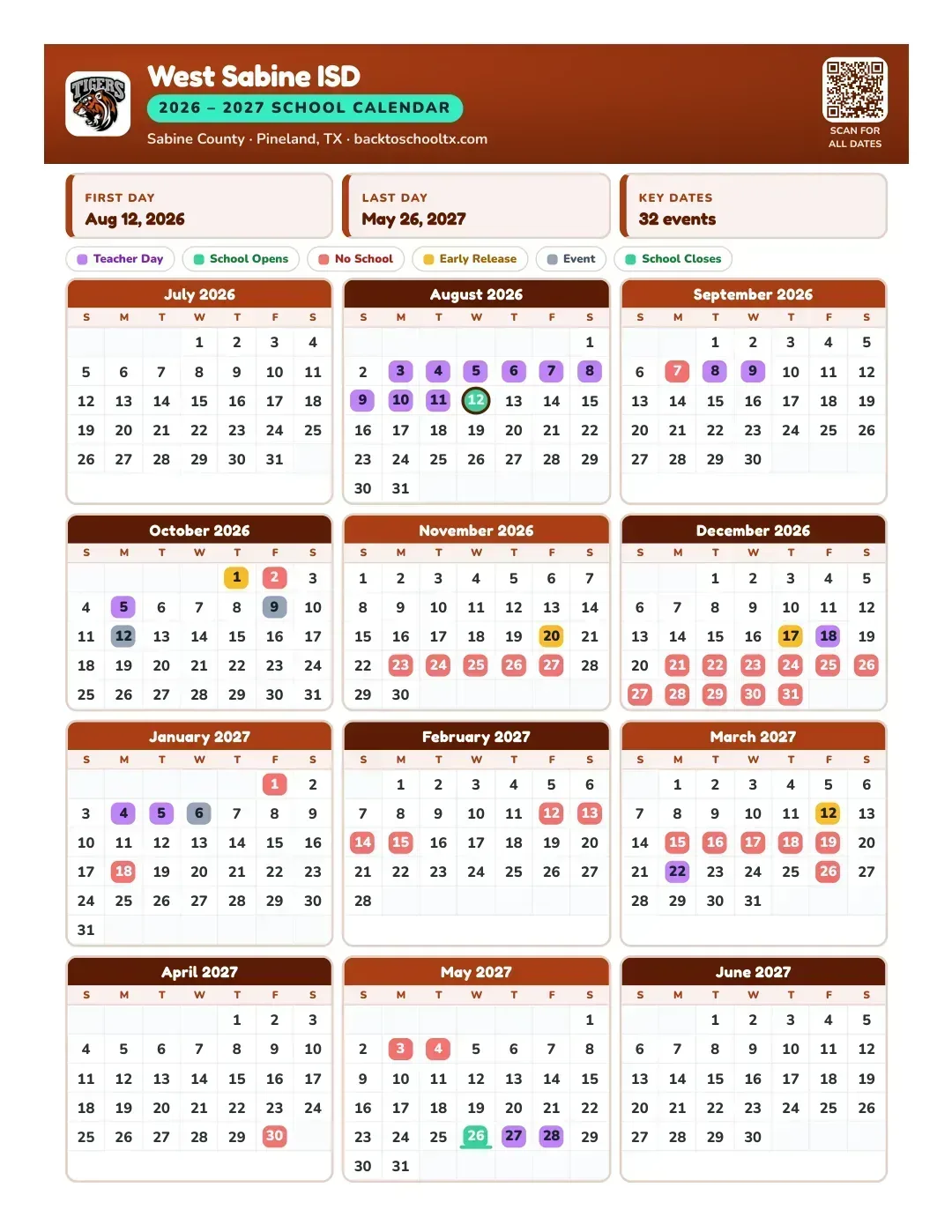 West Sabine ISD Calendar for the Year 26-27