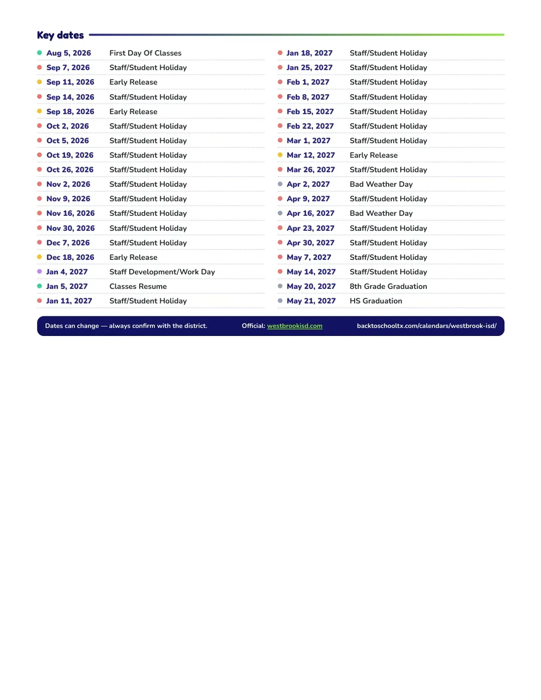 Westbrook ISD Calendar for the Year 26-27 — key dates