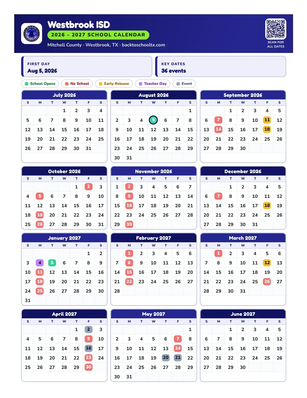 Westbrook ISD Calendar for the Year 26-27