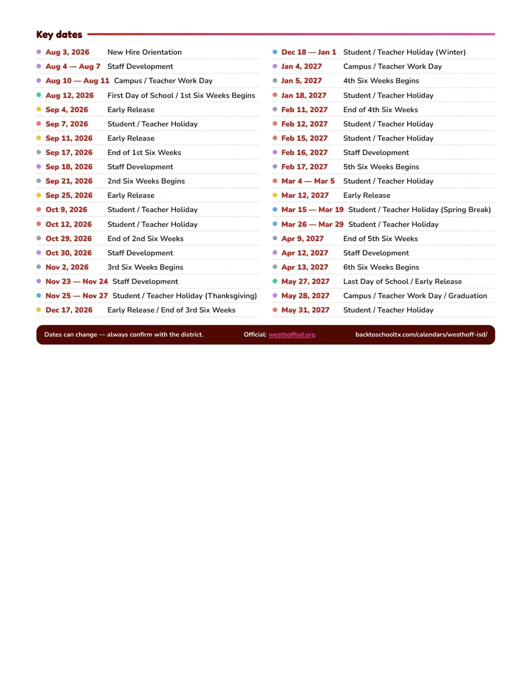 Westhoff ISD Calendar for the Year 26-27 — key dates