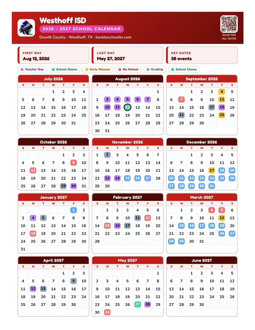 Westhoff ISD Calendar for the Year 26-27