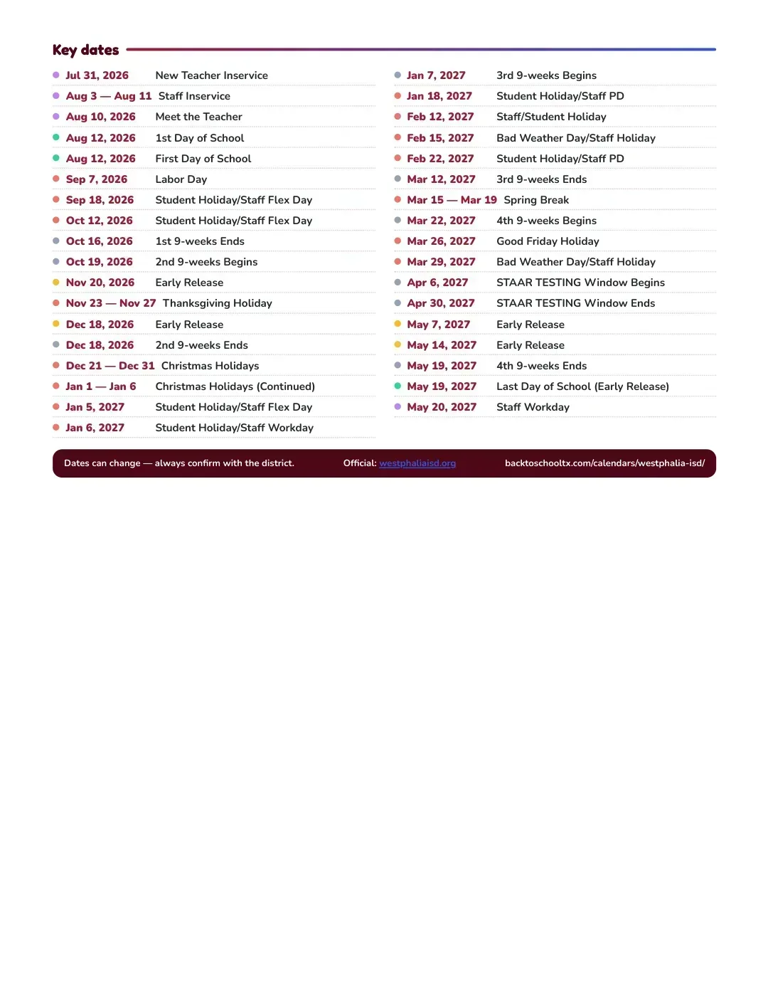 Westphalia ISD Calendar for the Year 26-27 — key dates