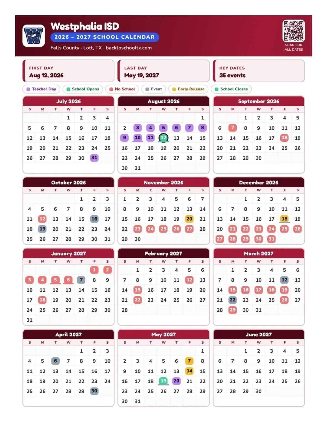 Westphalia ISD Calendar for the Year 26-27