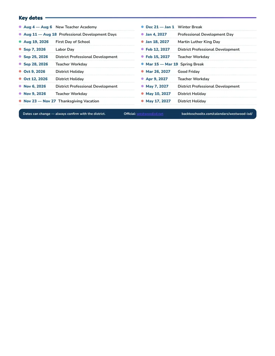 Westwood ISD Calendar for the Year 26-27 — key dates